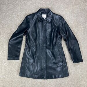 Vtg Anne Klein 90s Ivy Leather Long Car Coat Women Size M Black Y2K Sleek Jacket